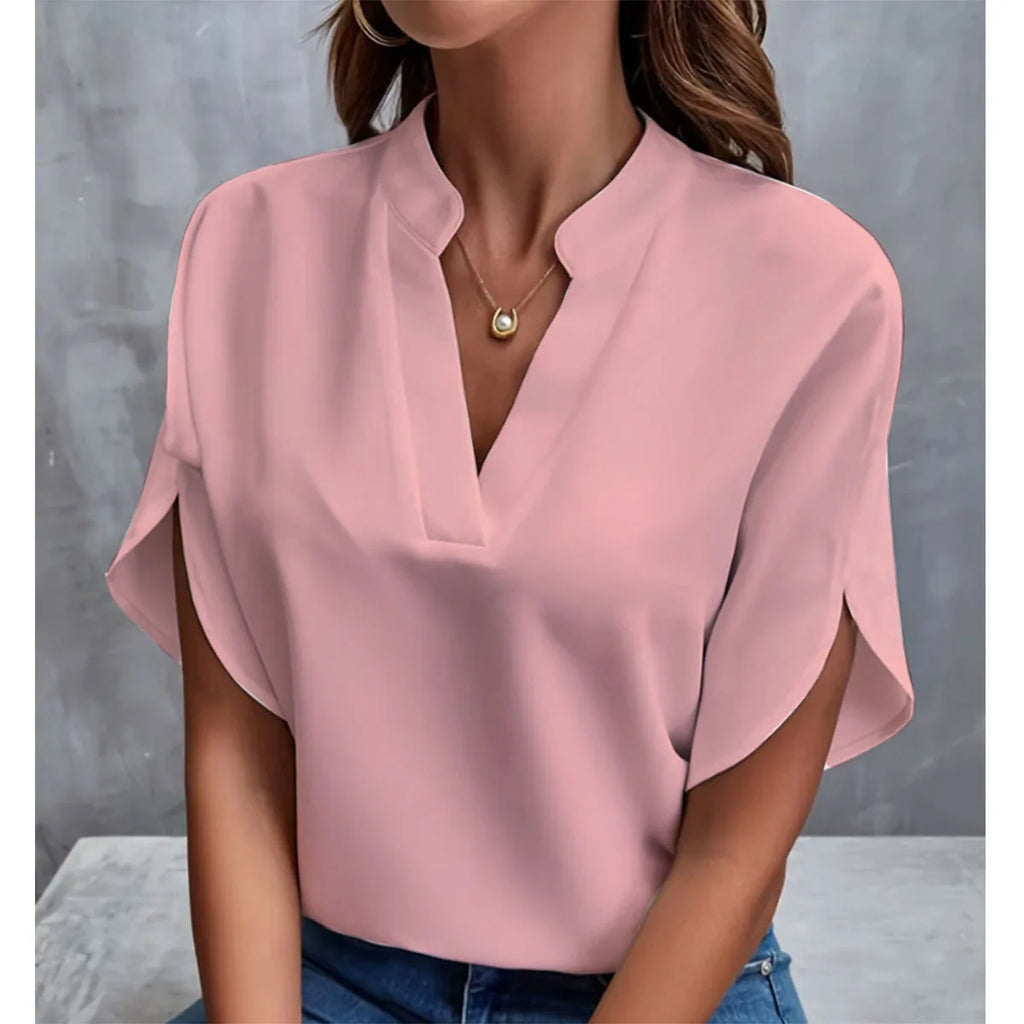 Chemise Col V — Manches Courtes, Couleur Unie, Coupe Régulière