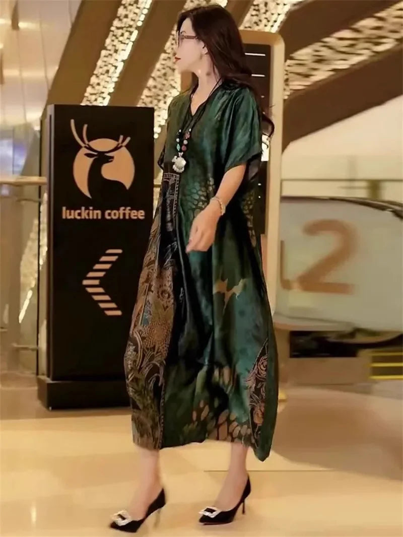 Robe Longue Rétro — Col en V, Imprimé Floral & Poche