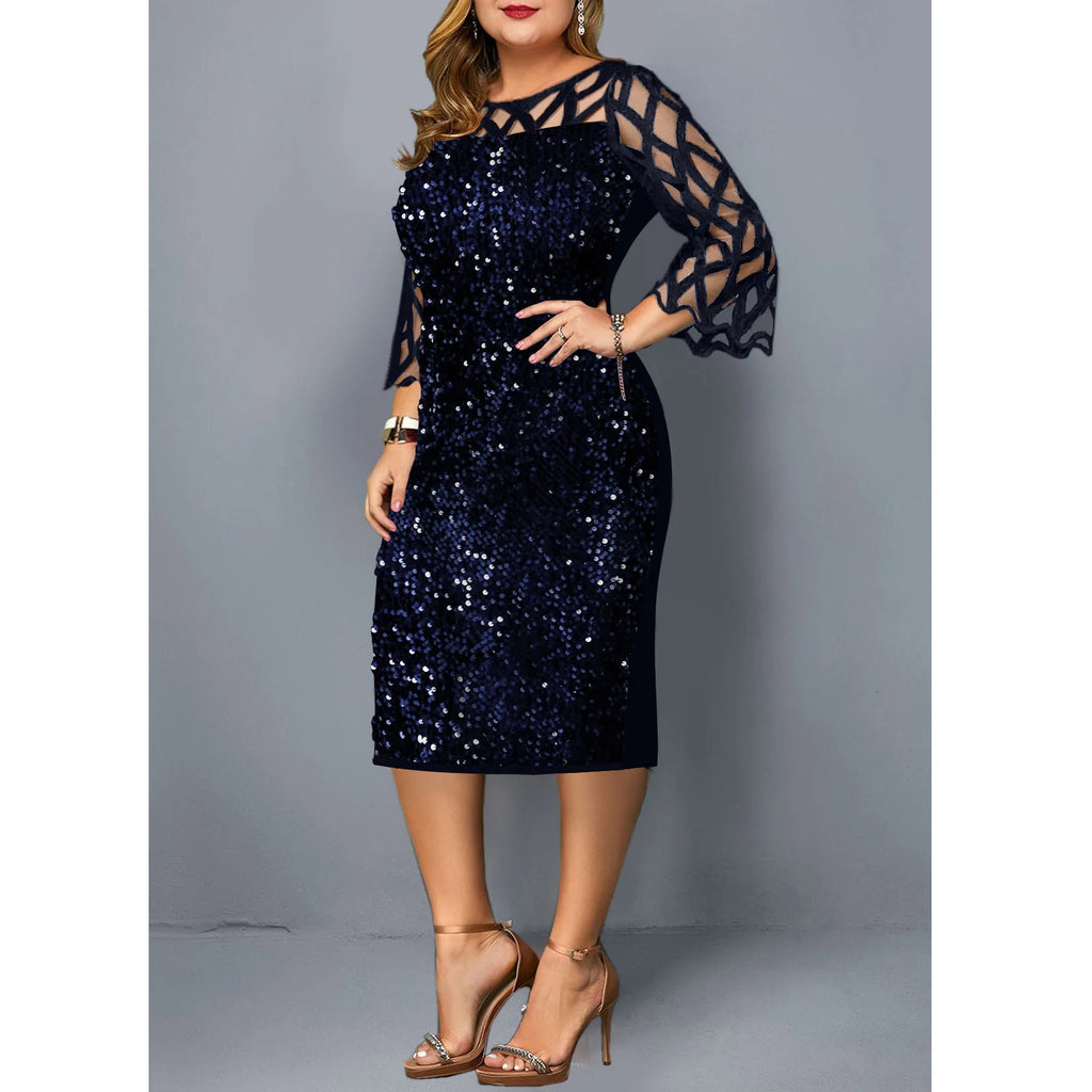 Robe Midi Sequins — Manches Courtes, Silhouette Une Ligne, Style Soirée