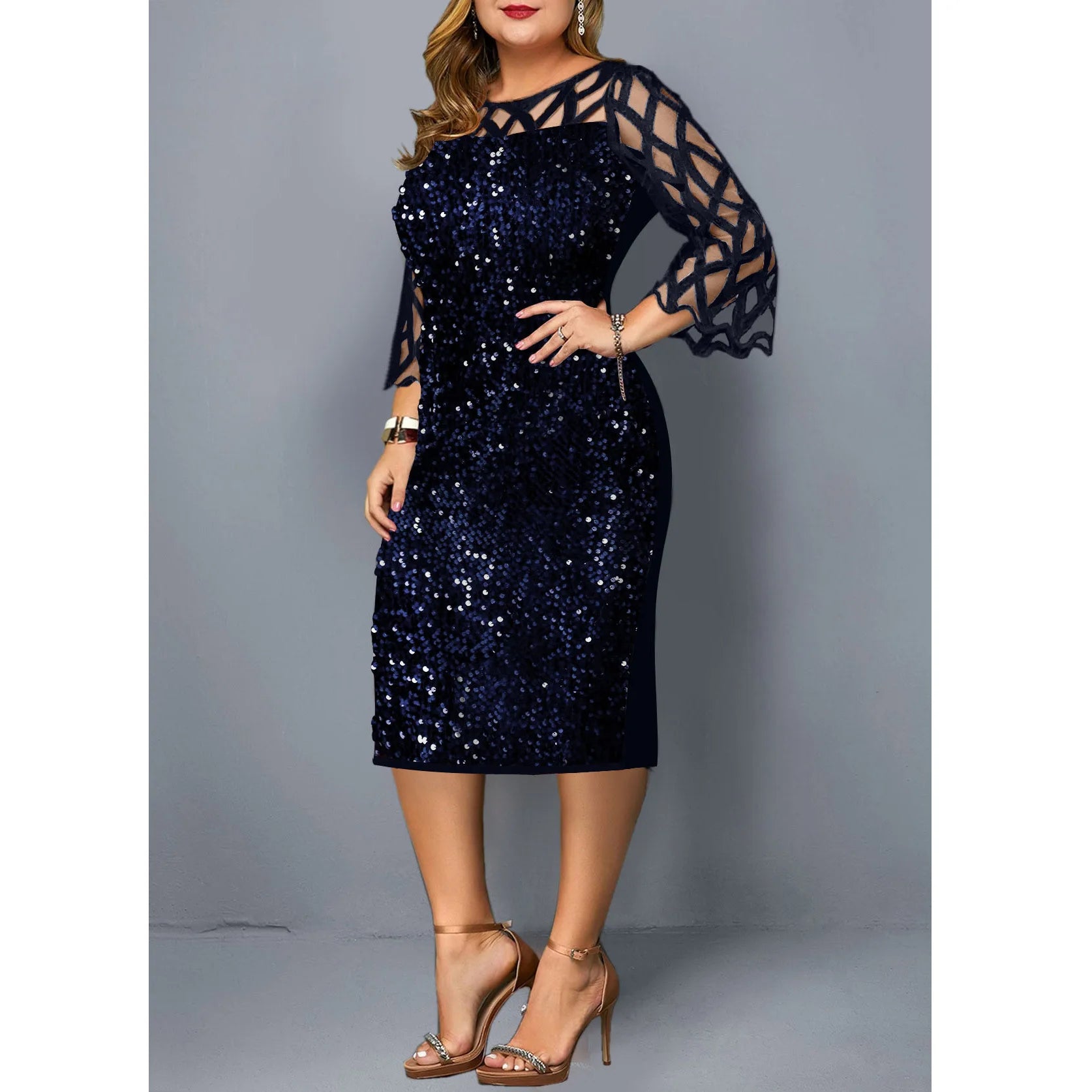 Robe Midi Sequins — Manches Courtes, Silhouette Une Ligne, Style Soirée