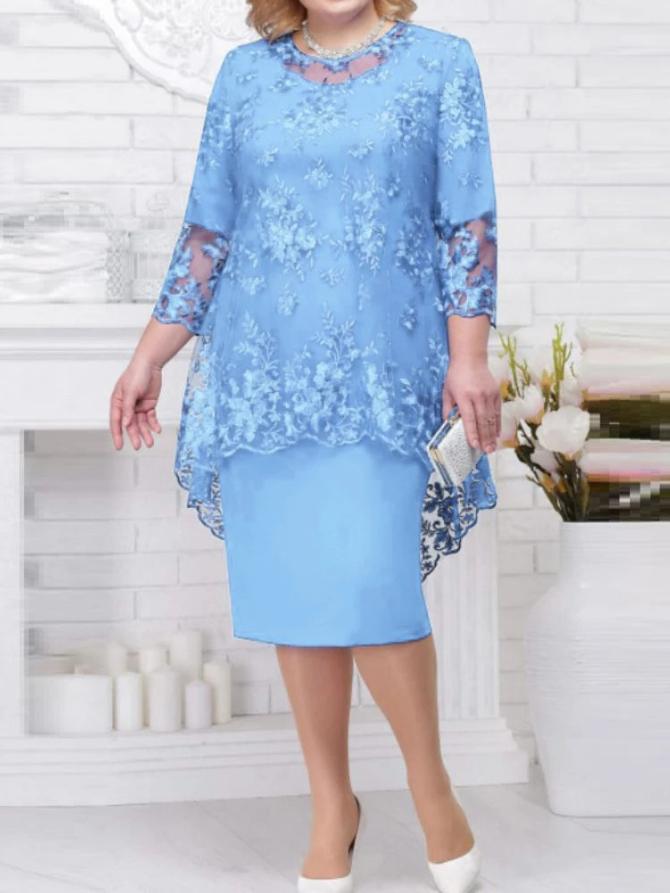 Ensemble 2 Pièces Robe Soirée — Col Rond, Broderie Dentelle, Manches 3/4, Slim Fit