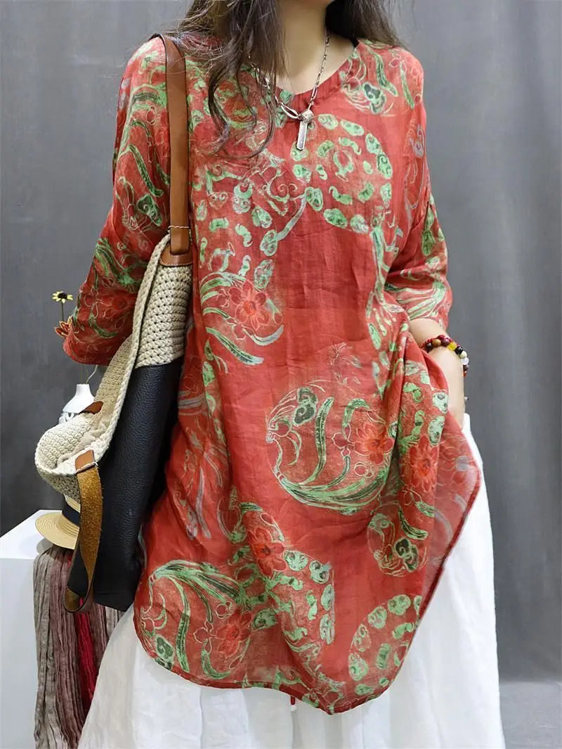 Chemise Mi-Longue Style Chinois — Col Mandarin, Manches Courtes, Imprimé Floral, Coupe Lâche