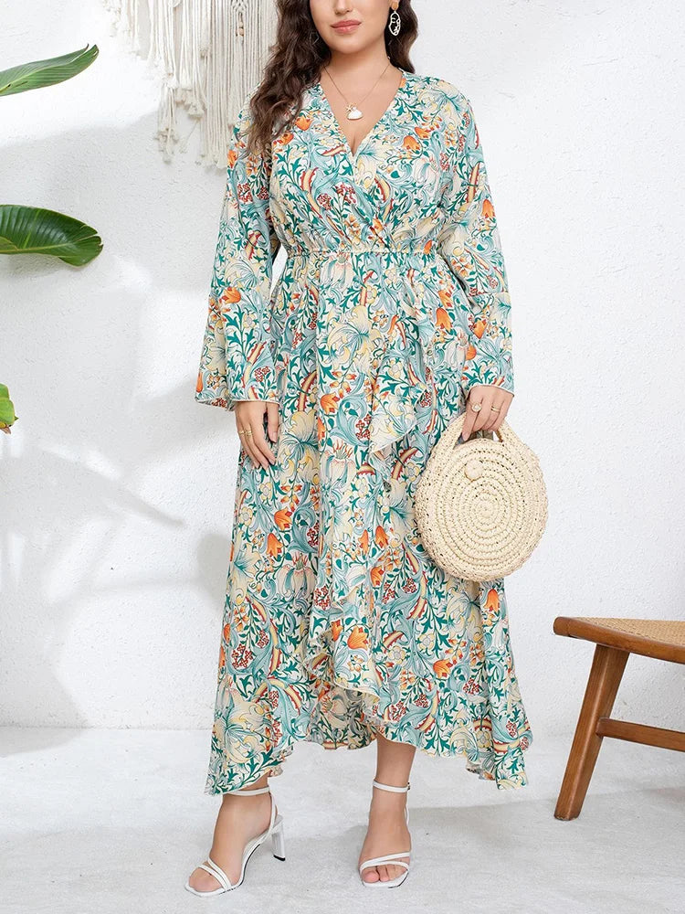 Robe Longue Asymétrique Florale Vert Sauge – Col V & Manches Évasées