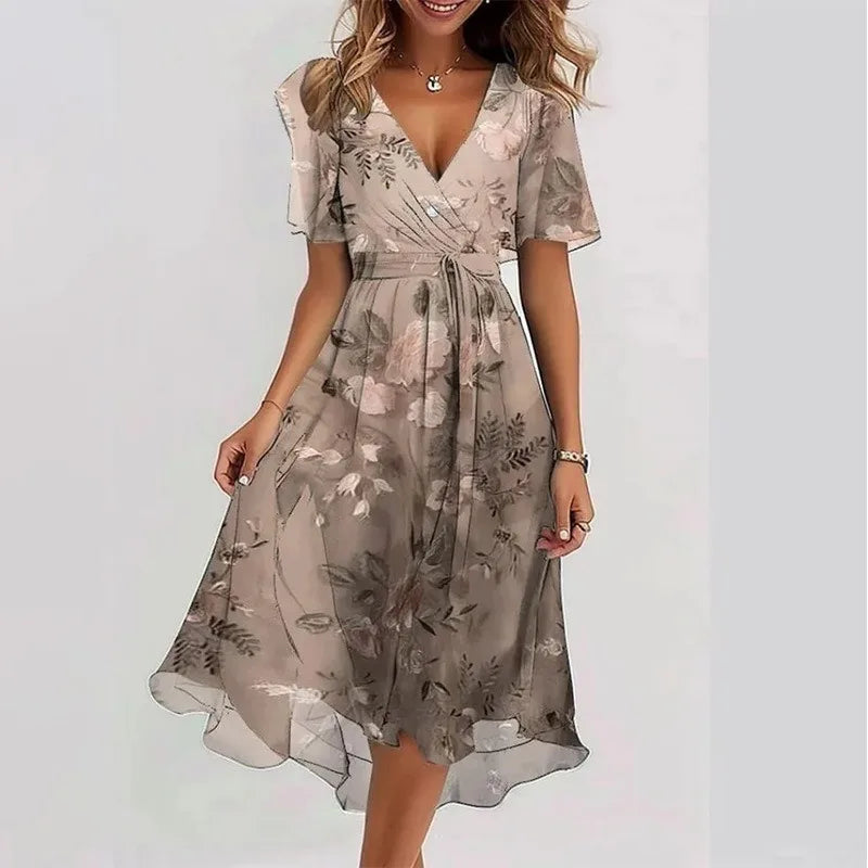 Robe Mini Plissée Imprimée — Col en V, Appliques, Coupe Ajustée