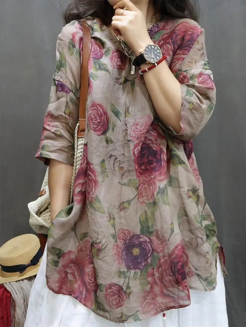 Chemise Mi-Longue Style Chinois — Col Mandarin, Manches Courtes, Imprimé Floral, Coupe Lâche