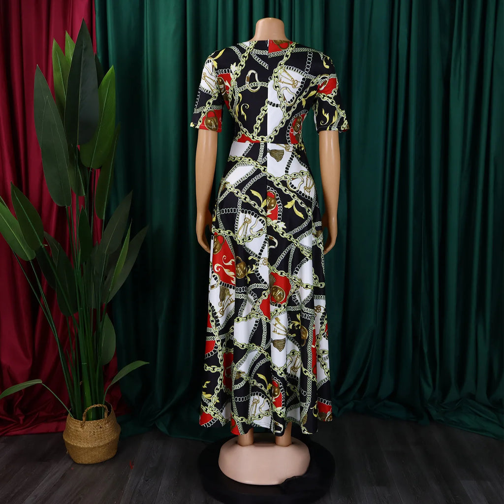 Robe Longue Imprimée avec Ceinture — Col Rond, Manches Courtes, Longueur Cheville