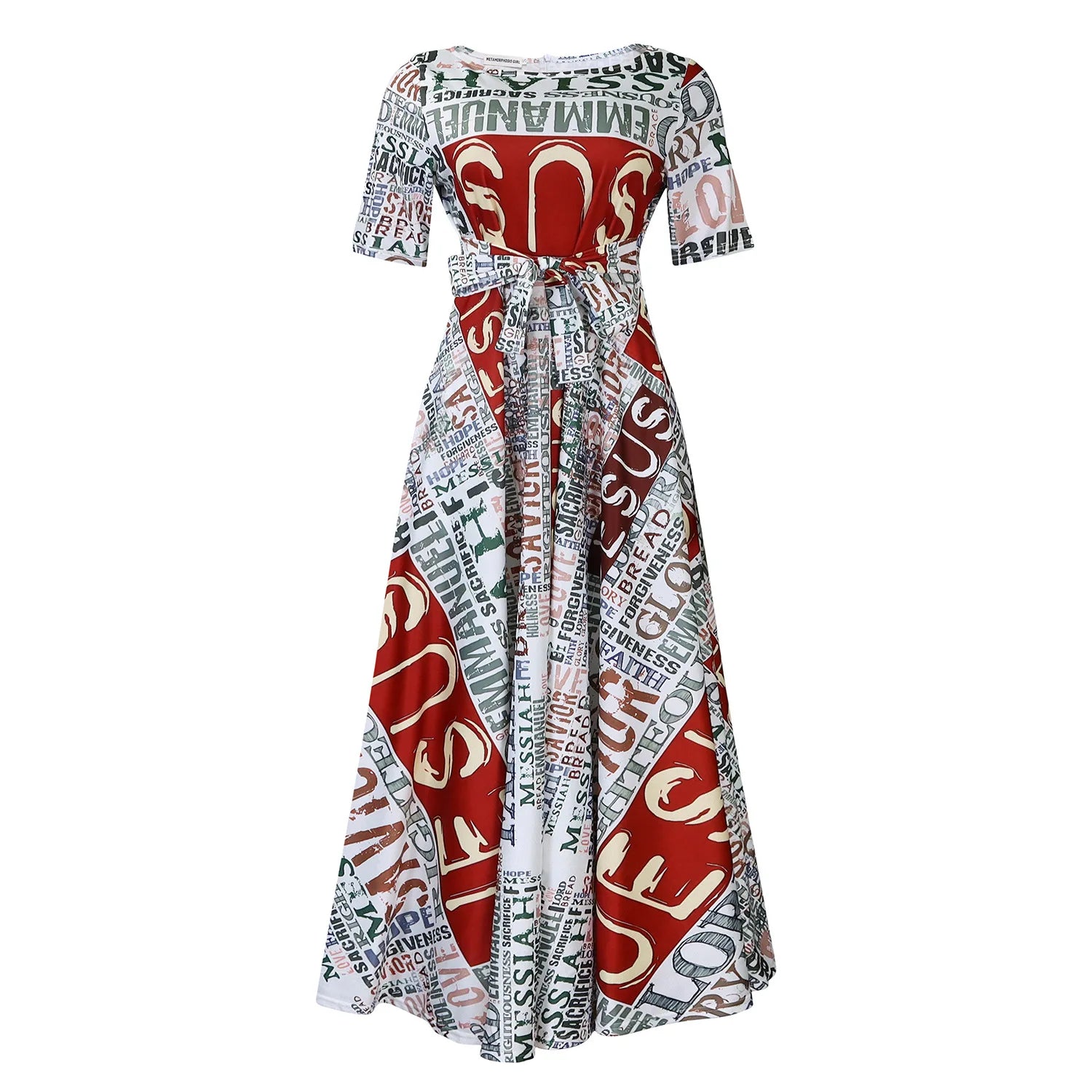 Robe Longue Imprimée avec Ceinture — Col Rond, Manches Courtes, Longueur Cheville