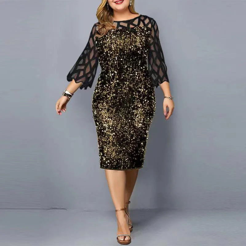 Robe Midi Sequins — Manches Courtes, Silhouette Une Ligne, Style Soirée