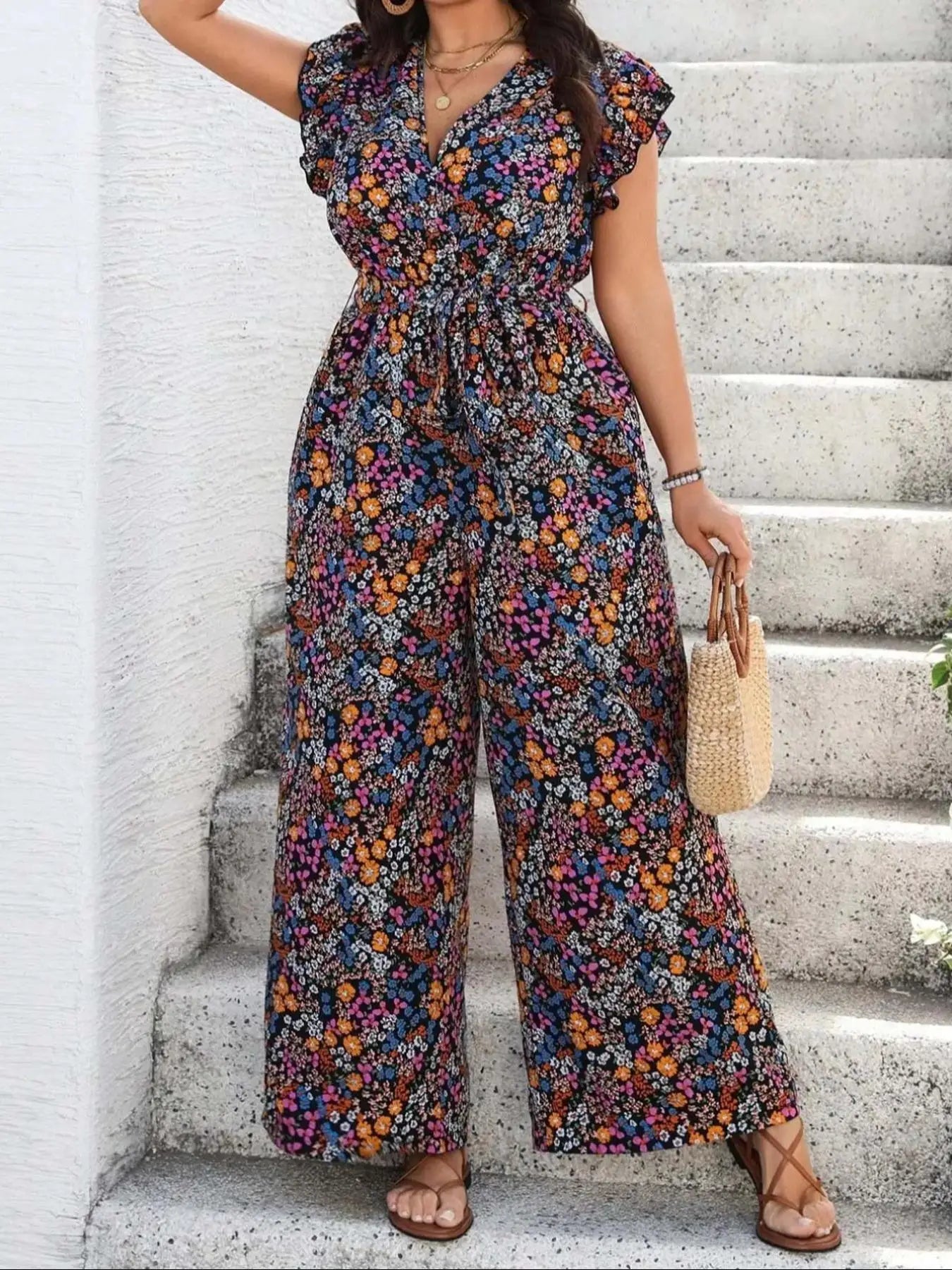 Combinaison Boho Florale Épaules Nouées — Col en V, Sans Manches, Jambes Larges