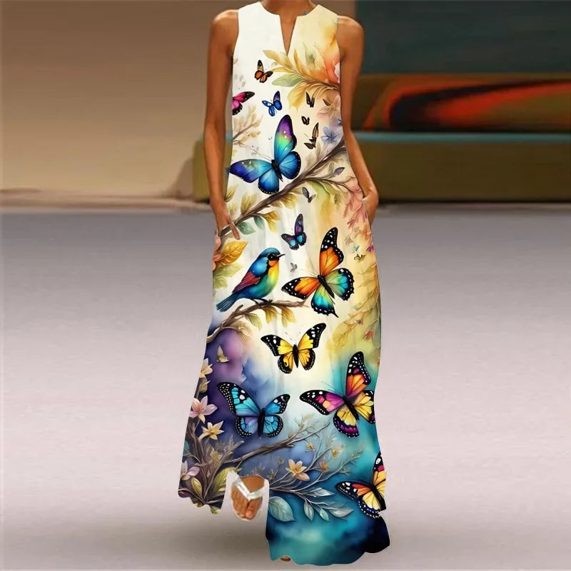 Robe Longue Imprimée Artistique — Col en V, Sans Manches, Poche, Longueur Sol