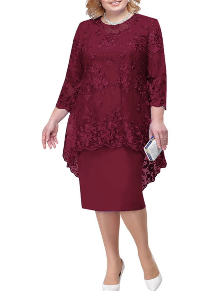 Ensemble 2 Pièces Robe Soirée — Col Rond, Broderie Dentelle, Manches 3/4, Slim Fit