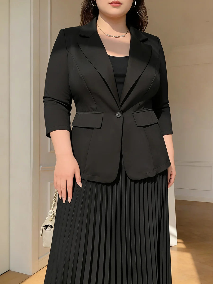Blazer Cintré Col Tailleur — Manches 3/4, 1 Bouton, Coupe Régulière