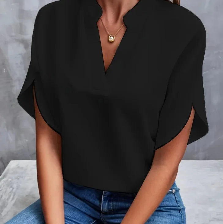 Chemise Col V — Manches Courtes, Couleur Unie, Coupe Régulière