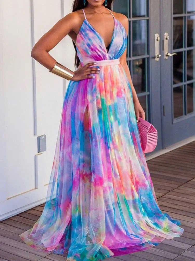Robe Longue Dos Nu — Col en V, Imprimé Tie-Dye & Ourlet en Maille