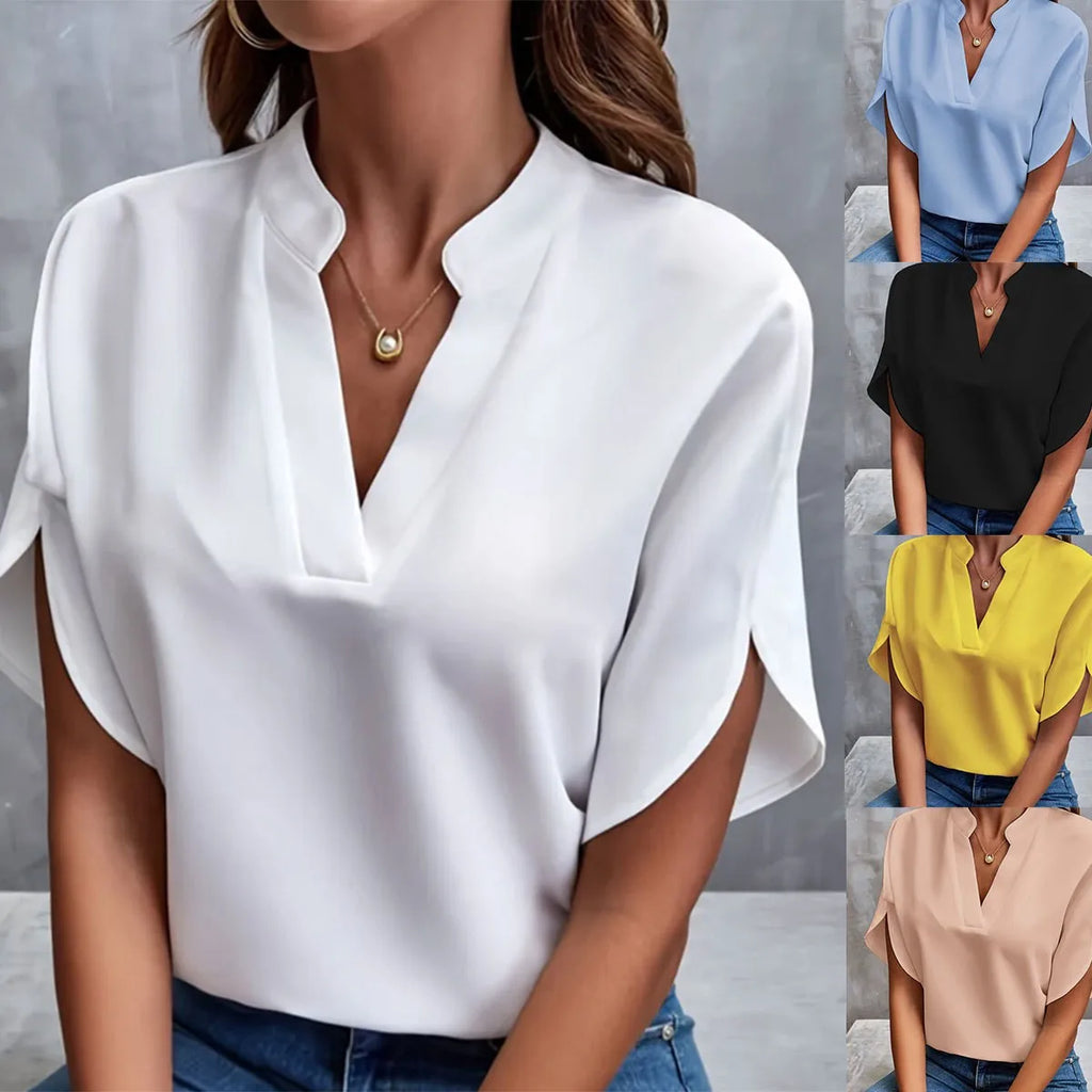 Chemise Col V — Manches Courtes, Couleur Unie, Coupe Régulière