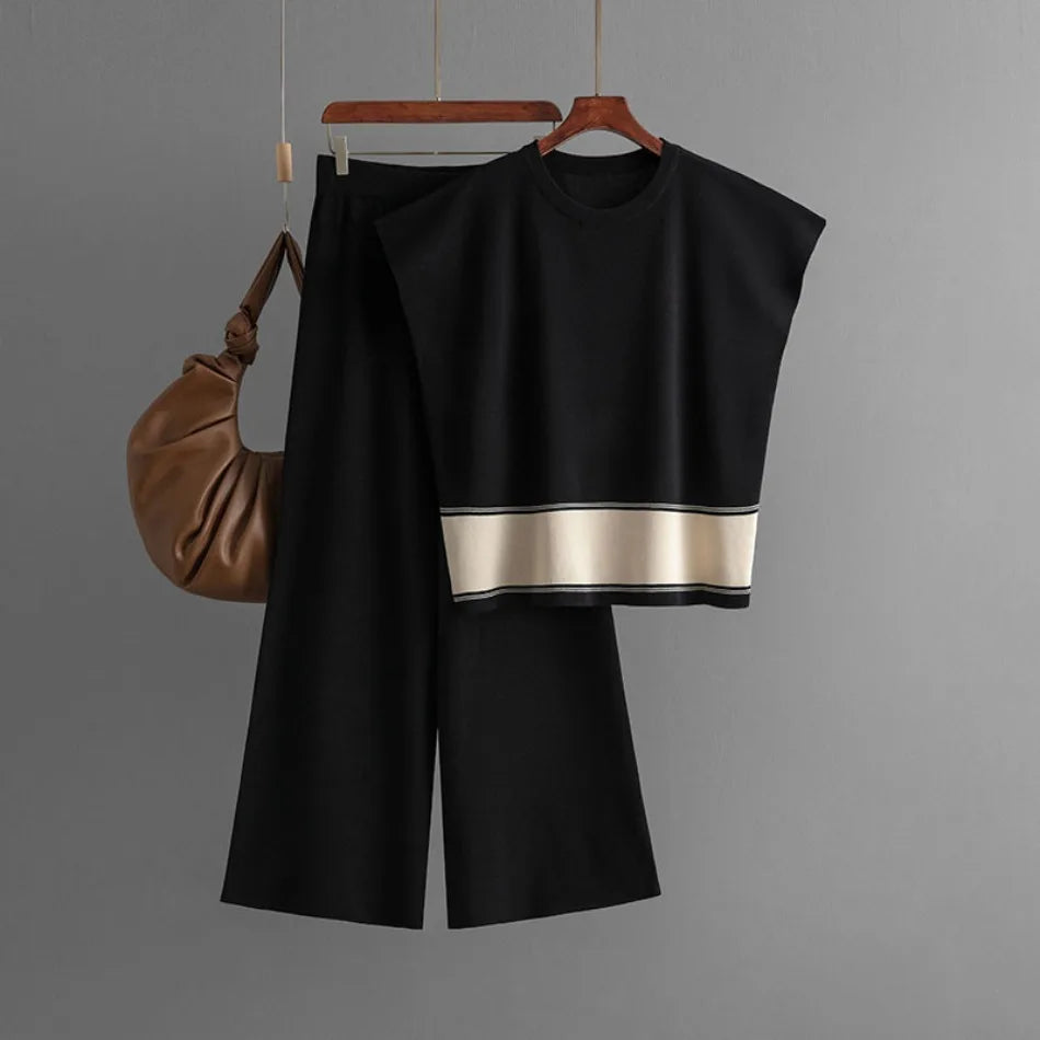Ensemble 2 Pièces Tricot — Top Col Rond & Pantalon Jambes Larges
