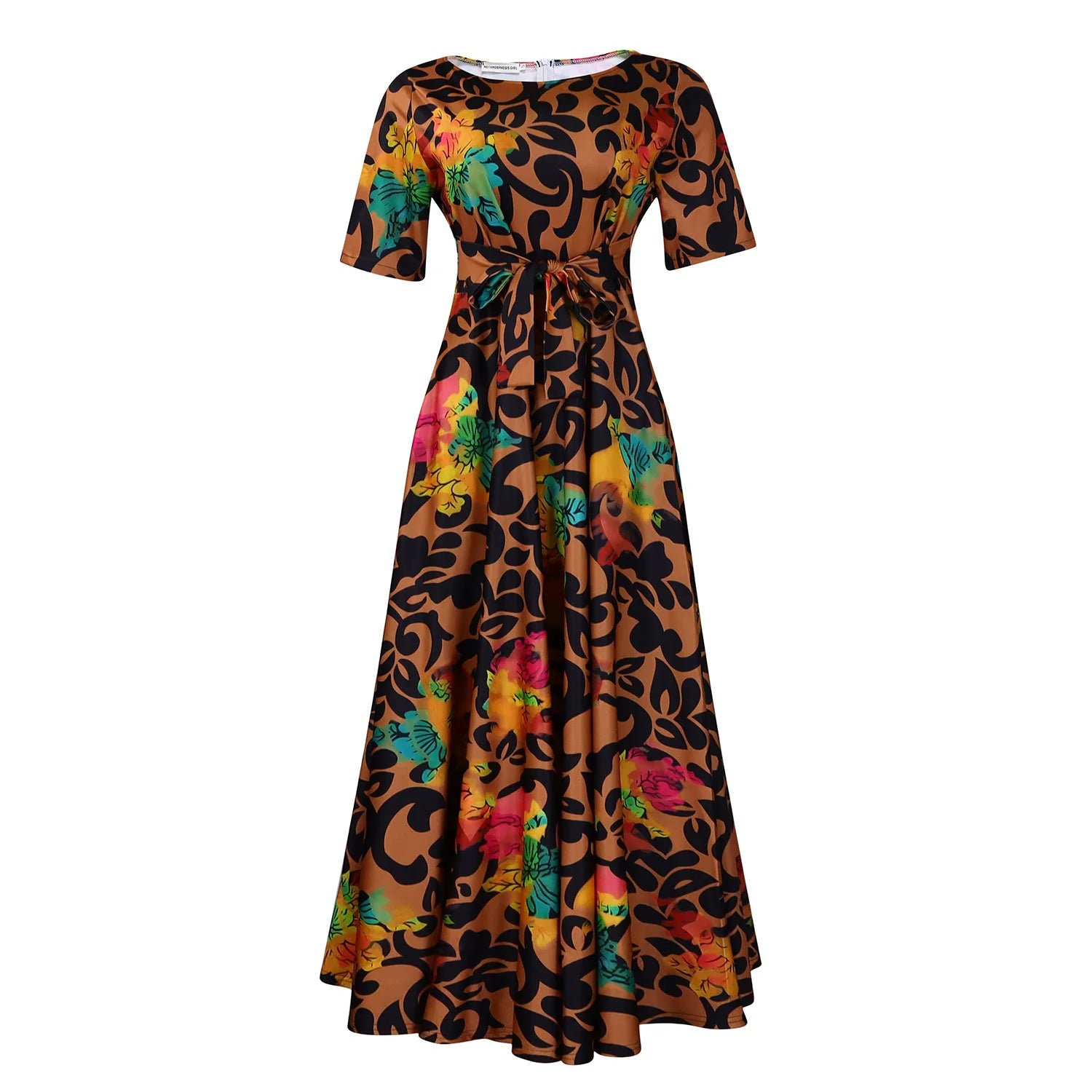 Robe Longue Imprimée avec Ceinture — Col Rond, Manches Courtes, Longueur Cheville