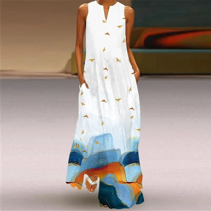 Robe Longue Imprimée Vintage — Col en V, Sans Manches, Longueur Sol