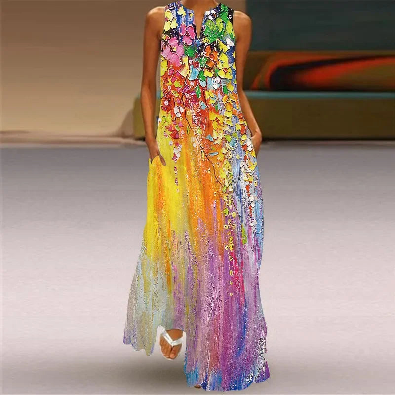 Robe Longue Imprimée Vintage — Col en V, Sans Manches, Longueur Sol