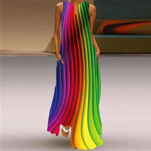 Robe Longue Imprimée Artistique — Col en V, Sans Manches, Poche, Longueur Sol