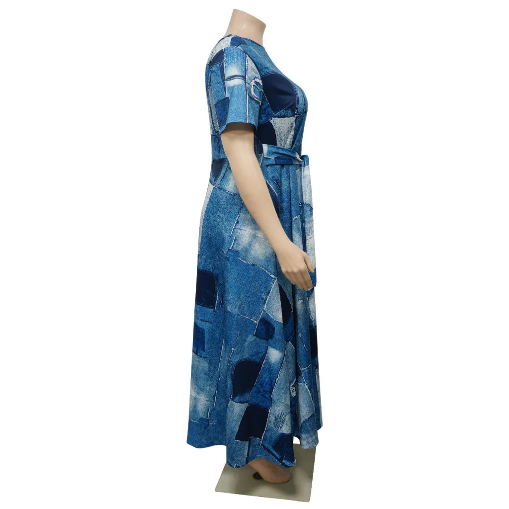 Robe Longue Imprimée — Col Rond, Manches Courtes, Longueur Cheville